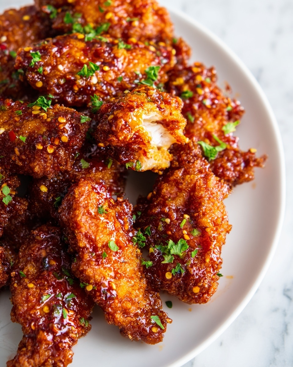 A close-up of many pieces of fried chicken wings coated in a shiny, sticky reddish-brown sauce with small bits of garlic and chili flakes visible. The chicken pieces are crunchy with a rough texture under the sauce, and one piece is bitten to show white juicy inside. Small green parsley leaves are scattered over the chicken, adding a fresh color contrast. The chicken is arranged on a white plate, placed on a white marbled surface. photo taken with an iphone --ar 4:5 --v 7