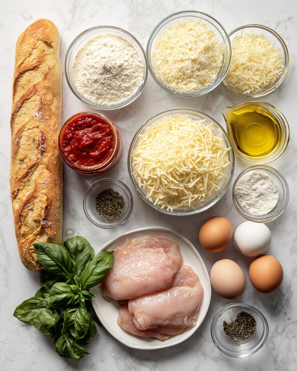 The image shows many ingredients arranged neatly on a white marbled surface. On the left, there is a long baguette with a golden crust. Next to it, from top to bottom, are clear glass bowls filled with light beige breadcrumbs, white flour, and pale yellow shredded parmesan cheese, followed by a larger bowl of light yellow shredded mozzarella cheese in the center. Below these are a small glass jug of red marinara sauce and fresh green basil leaves. To the right, there are raw pink chicken cutlets placed on a white plate, two brown eggs, and small clear bowls holding black pepper, dried oregano leaves, and white salt. Finally, a small glass jug of yellow olive oil rounds the scene. All items are clearly labeled, and the setup is bright and clean, photo taken with an iphone --ar 4:5 --v 7
