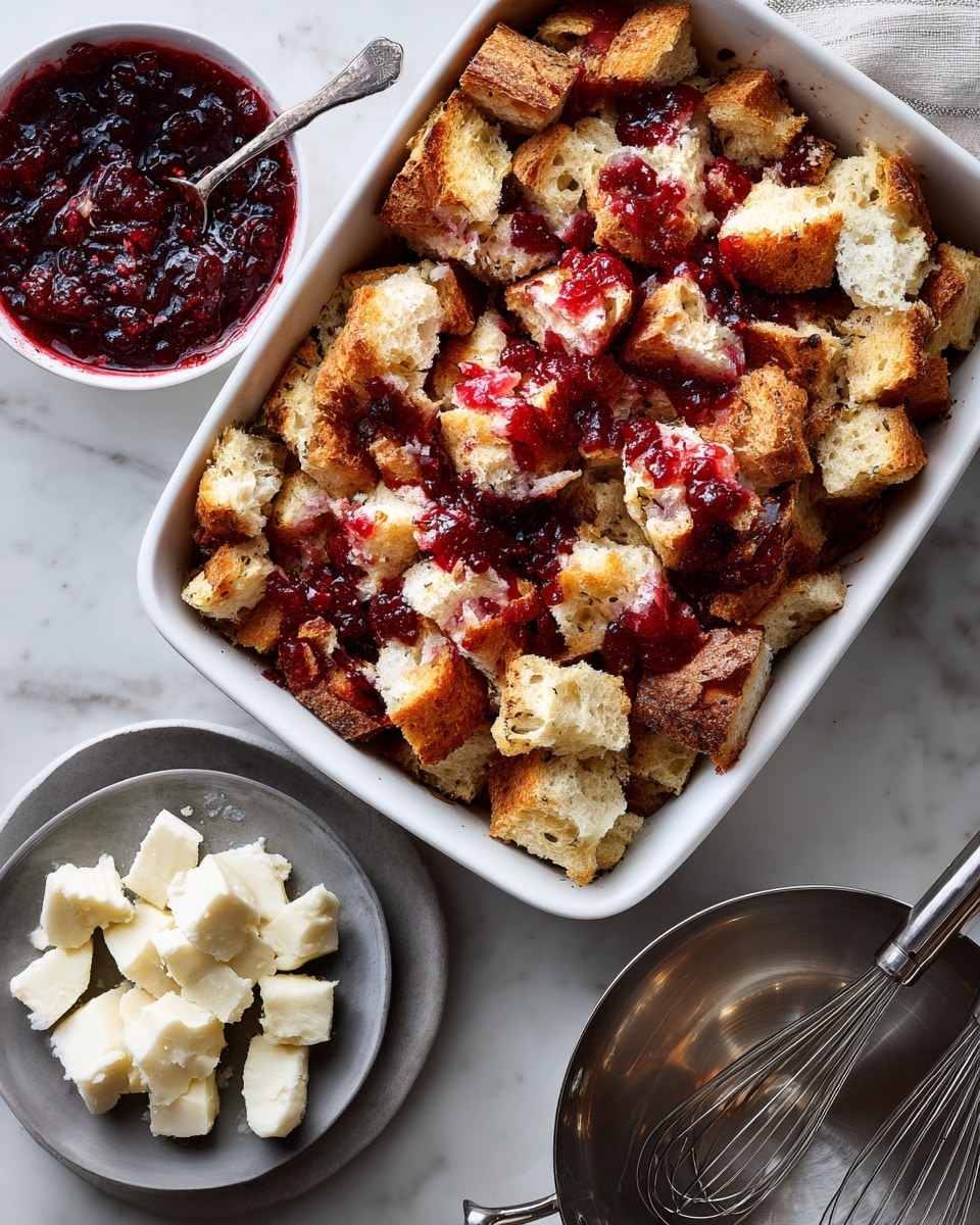 A white rectangular baking dish is filled with uneven cubes of light golden-brown bread mixed with a few pieces showing red fruit jam inside, giving spots of deep red color throughout. Next to it, a white bowl holds a thick, dark red jam with visible seeds and a spoon resting inside. Below, a small gray plate contains rough white cheese cubes. On the bottom right, there is a large silver mixing bowl with a metal whisk inside. All items are arranged on a white marbled surface. Photo taken with an iphone --ar 4:5 --v 7