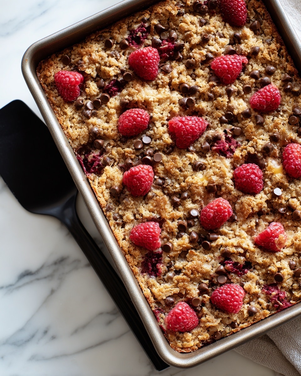 A rectangular baking tray filled with a crumbly textured baked dessert that has a golden brown top layer with uneven clumps. Scattered across the top are bright red raspberries, some slightly sunken into the dessert. Below the crumbly layer, patches of soft yellow and cream colors peek through, hinting at a moist inside with hidden chocolate chips visible near the edges. The tray sits on a white marbled surface, with a black spatula placed to the left side. photo taken with an iphone --ar 4:5 --v 7