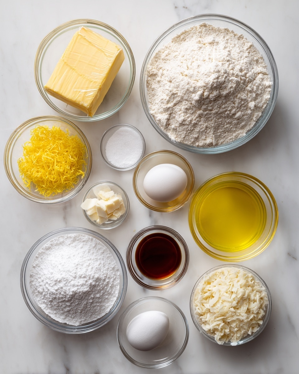 A top-down view of a white marbled surface holding clear glass bowls and a wrapped butter block arranged neatly, each containing labeled baking ingredients. Starting from the top right, there is a large bowl filled with white all-purpose flour showing a soft, powdery texture. Below and to the right is a small bowl with golden yellow lemon juice, next to it a tiny bowl with dark brown vanilla extract. Moving leftward, a medium bowl filled with white granulated sugar, next to it another medium bowl with powdered sugar, both showing fine, powdery textures. Above and to the left of the powdered sugar is a small bowl with bright yellow lemon zest. Above the sugar is a small glass bowl holding a white egg. Near the center, a small bowl contains white baking soda, and another small bowl with salt. At the top middle is a light yellow wrapped butter block. All items are arranged on the clean white marbled surface. Photo taken with an iphone --ar 4:5 --v 7