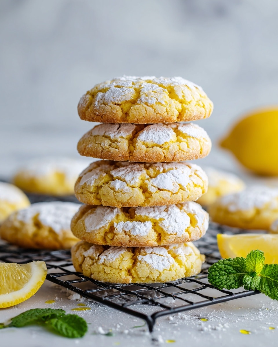 A stack of six round lemon cookies sits on a black cooling rack over a white marbled surface, each cookie covered with cracks of white powdered sugar on a yellow lemon-colored dough. Around the base of the rack are lemon wedges and green mint leaves, adding fresh color. In the background, more cookies are spread out, also cracked with powdered sugar, all set against a bright white backdrop. photo taken with an iphone --ar 4:5 --v 7