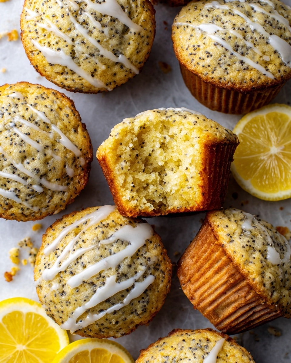 The image shows a close-up of several lemon poppy seed muffins arranged closely together on a white marbled surface. Each muffin has a rough, crumbly golden-brown top with visible poppy seeds scattered throughout the light yellow cake base. Some muffins are decorated with thin white icing drizzle on top. In the middle and bottom left parts of the image, there are whole and halved bright yellow lemons adding a fresh touch. One muffin in the center is broken open, showing its soft, moist inside with poppy seeds and crumbs around it. The overall look is rustic and inviting, with the muffins slightly overlapping each other. Photo taken with an iphone --ar 4:5 --v 7