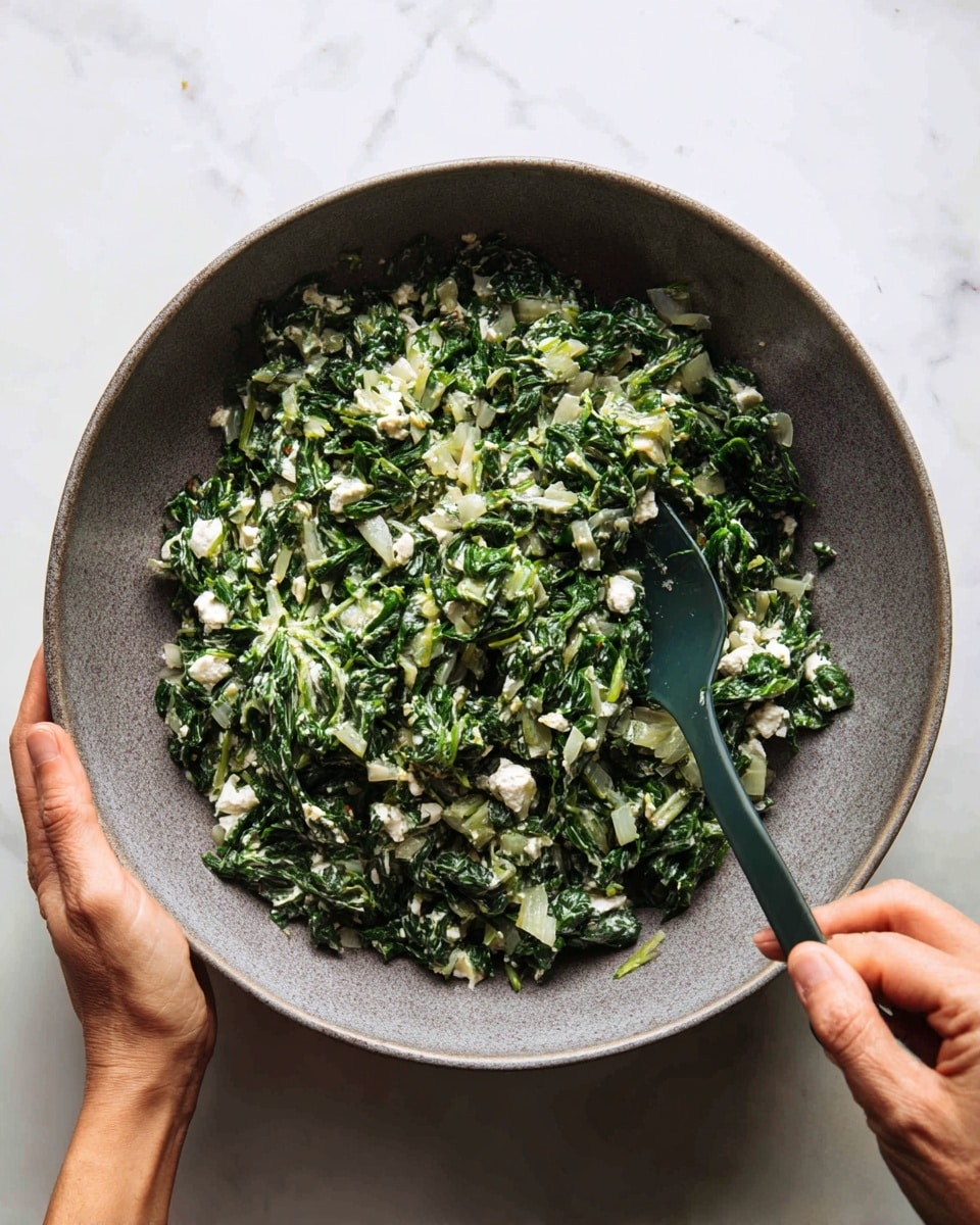 A large gray bowl contains a mix of cooked spinach and white cheese, combined with small bits of onion. The mixture is mostly green with white chunks scattered throughout, creating a textured look. One woman's hand holds the bowl from the right side, while another woman's hand stirs the mixture with a dark green spatula from the left side. The bowl sits on a white marbled surface. photo taken with an iphone --ar 4:5 --v 7