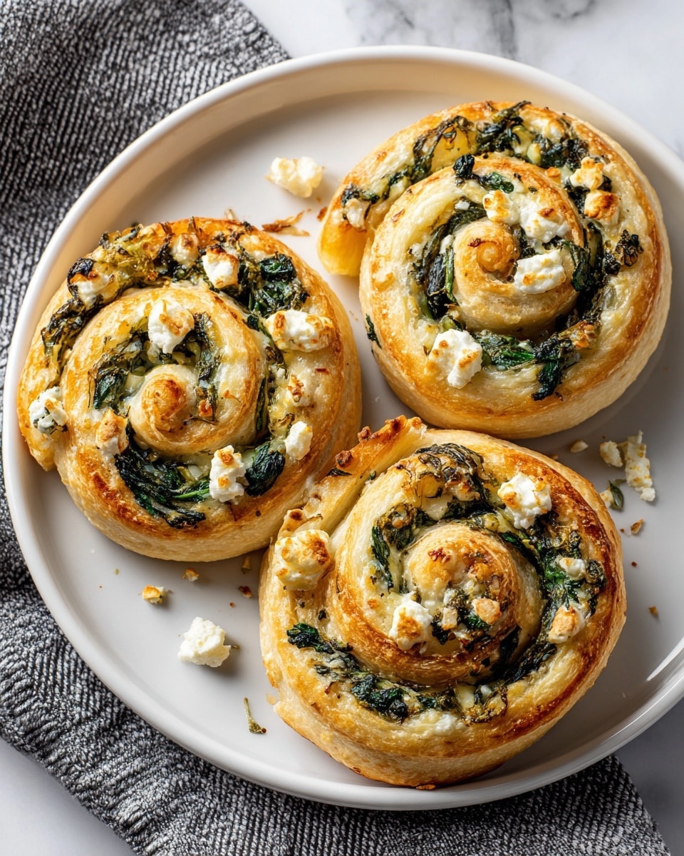 Three spiral-shaped pastries sit on a white plate over a white marbled surface. Each pastry has several thin, flaky layers of golden brown dough wrapped around a filling of dark green chopped spinach and small white cheese pieces, scattered throughout the spirals. The pastries are arranged close together, and the plate is placed next to a gray woven cloth. Photo taken with an iphone --ar 4:5 --v 7