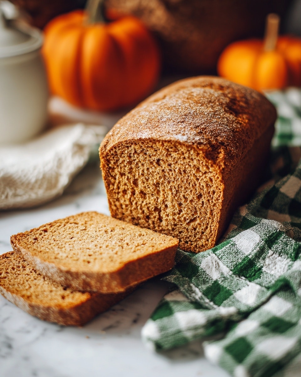 A loaf of brown bread with a rough textured top is placed on a green and white checkered cloth on a white marbled surface. Two thick slices are placed in front of the loaf, showing the soft and crumbly inside texture that is a lighter brown than the crust. In the background, there is an orange pumpkin and a white container partially visible, adding a cozy, autumn feel to the scene. Photo taken with an iphone --ar 4:5 --v 7