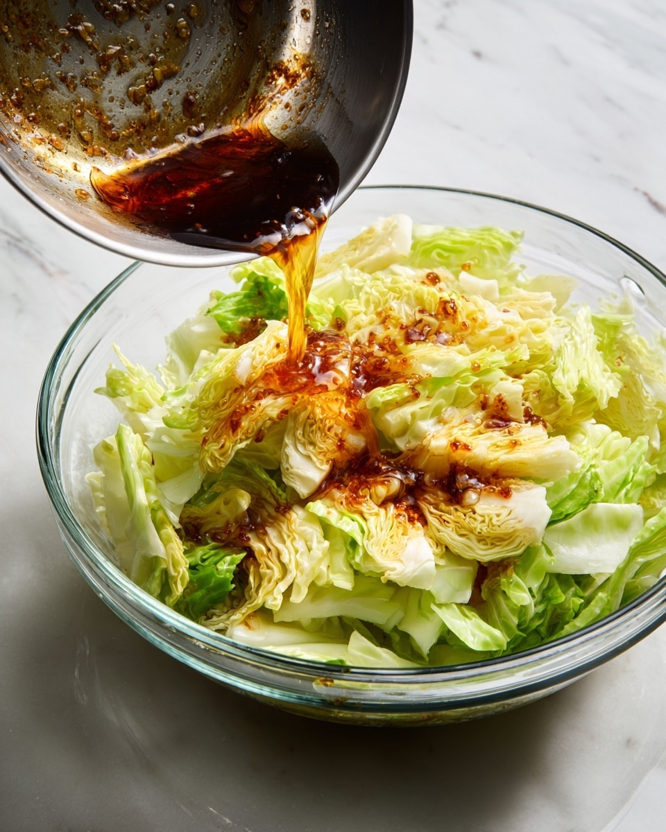 A clear glass bowl filled with layers of chopped light green and white cabbage leaves sits on a white marbled surface. From above, a metal pan is tilted, pouring a dark amber, oily sauce with small bits into the bowl, resting on the edges of the cabbage. The pan has a shiny silver surface with brown specks inside, catching the light as the sauce flows gently onto the cabbage. photo taken with an iphone --ar 4:5 --v 7