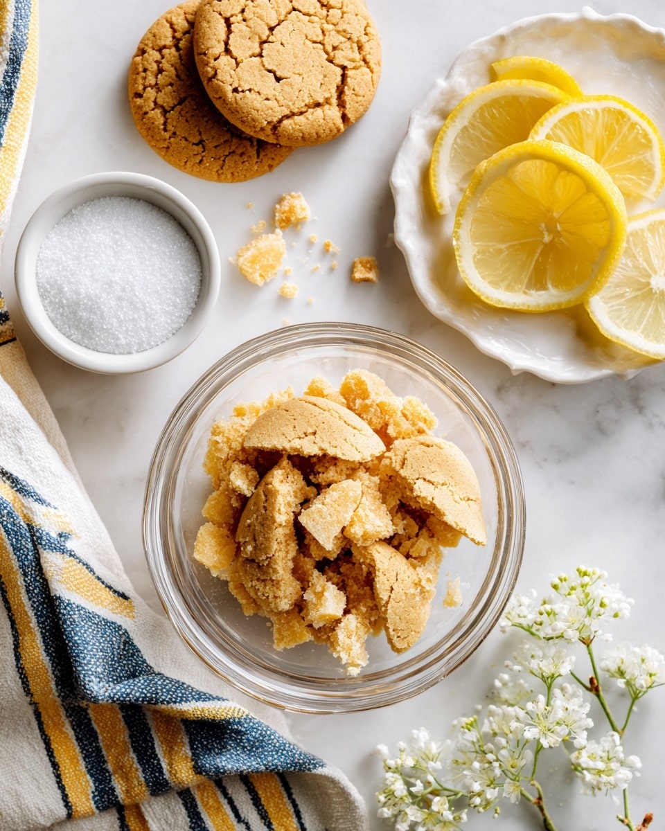 The image shows a clear glass bowl filled with broken light brown cookie pieces. On the white marbled surface around the bowl, there are two whole round cookies to the left and two lemon wedges below them. To the right, there is a white plate with thin lemon slices and a small white bowl filled with white granulated sugar, both resting on a folded cloth with yellow, navy blue, and light gray stripes. A small sprig of white flowers is on the surface near the cookies. photo taken with an iphone --ar 4:5 --v 7