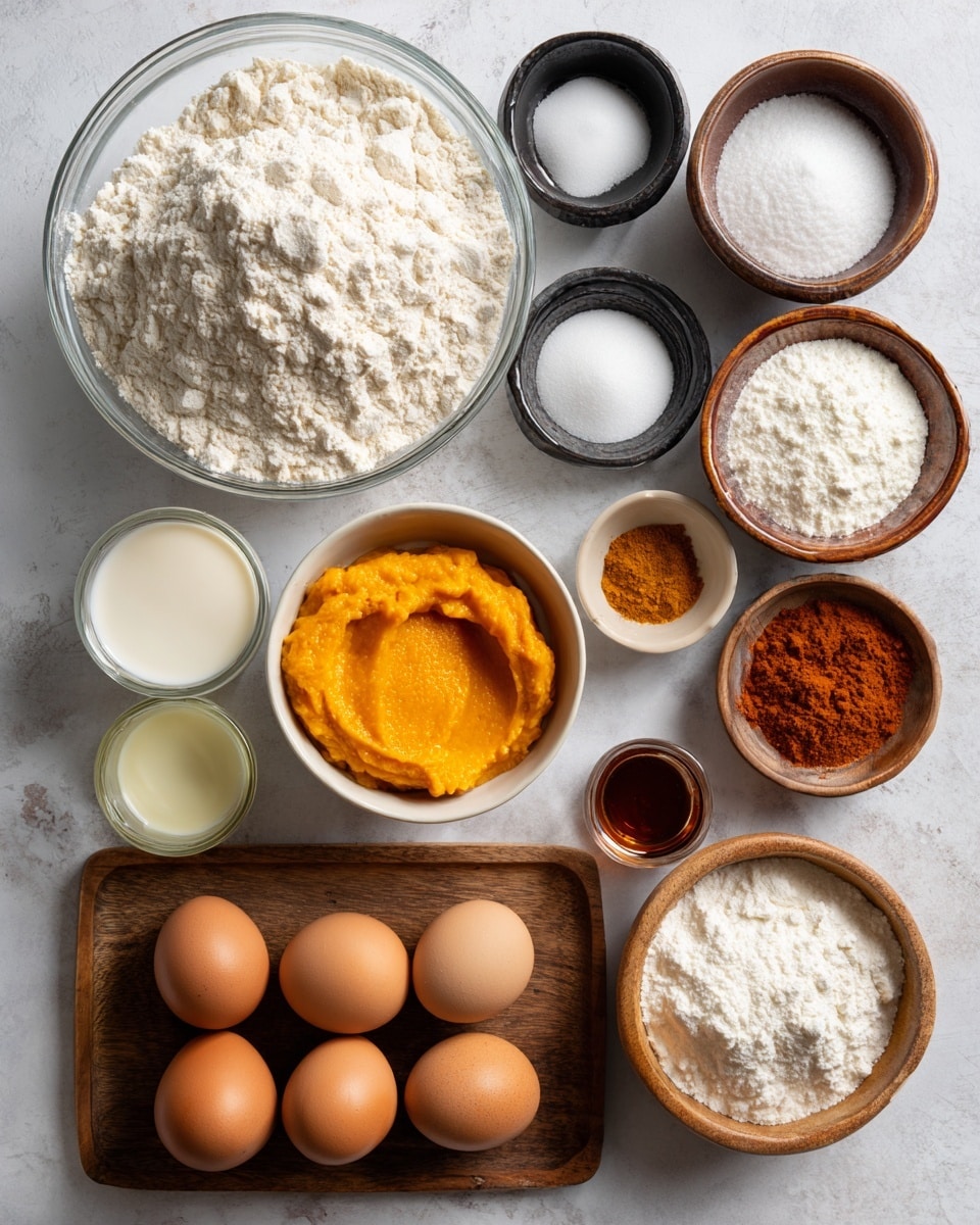 A top-down view of various baking ingredients arranged neatly on a white marbled surface, including a large clear glass bowl filled with off-white flour at the top left, three small black dishes holding white baking powder, baking soda, and salt toward the top right, and a wooden bowl with white sugar below the flour bowl. A white bowl with bright orange pumpkin puree is near the center, with four brown eggs on a small wooden tray below it. Various small glass containers hold light-colored liquids including oil, vanilla, evaporated milk, heavy cream, and sweetened condensed milk. There is also a small dish with pumpkin pie seasoning with reddish-brown powder, and a wooden bowl of powdered sugar. All items are neatly spaced and clearly visible. Photo taken with an iphone --ar 4:5 --v 7