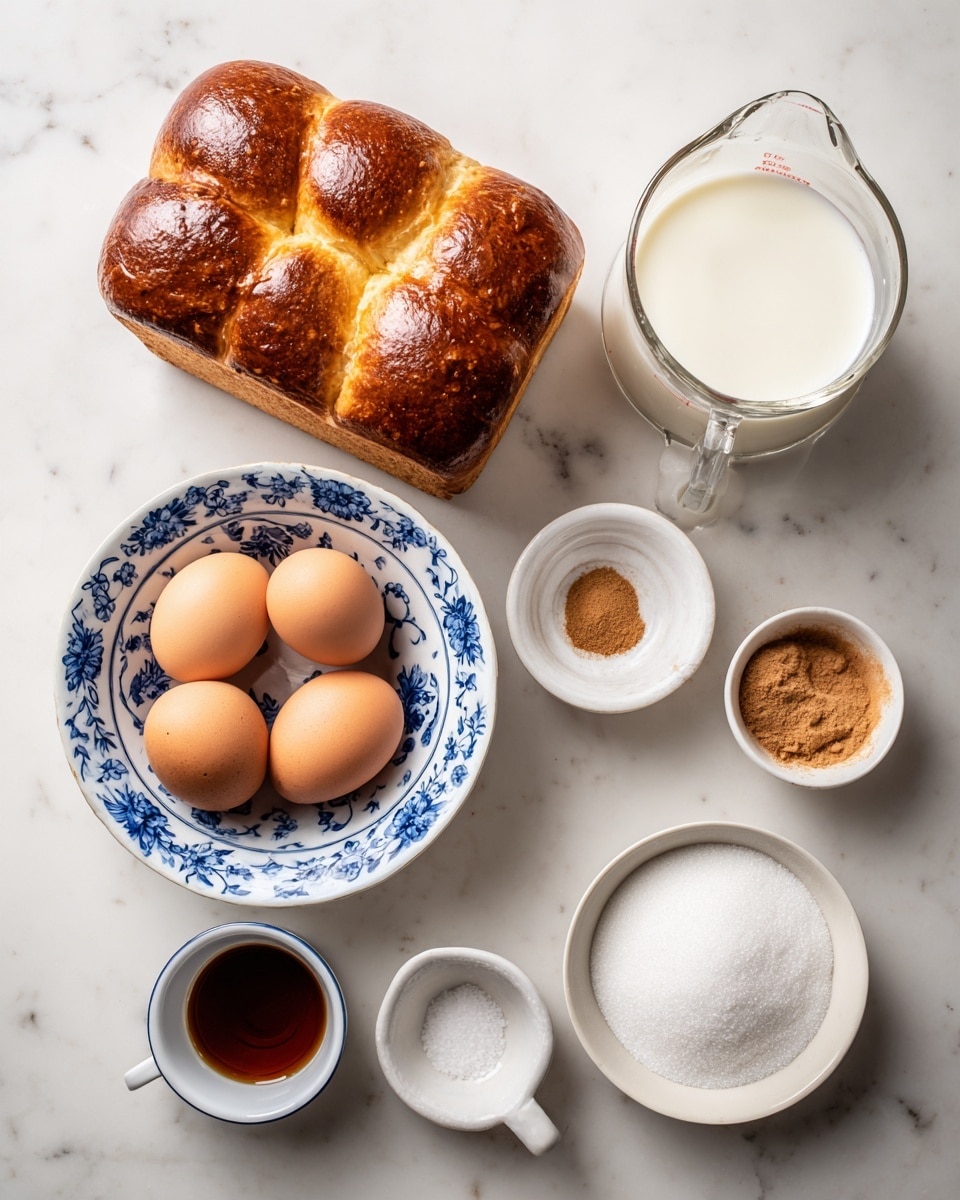 The image shows a white marbled surface with several ingredients arranged neatly. On the left, there is a single loaf of brioche bread with a golden brown crust and crumbly topping. Next to it is a small white bowl with blue floral patterns, holding four raw eggs with visible yolks. Above the bowl is a clear glass measuring cup filled with white milk. To the right side, there are two small white bowls; one contains a light brown mix of cinnamon and salt, and the other has white sugar with a coarse texture. Below the eggs in the image is a small white cup with dark brown vanilla liquid. All items are evenly spaced on the marbled white background. photo taken with an iphone --ar 4:5 --v 7
