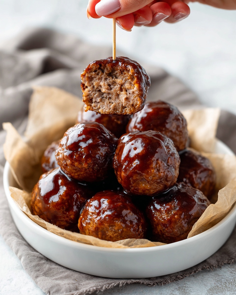 The image shows several round meatballs covered in shiny brown sauce on parchment paper inside a white dish. One meatball is cut in half, revealing three layers: a smooth light cream center, surrounded by a thick brown textured meat layer, all coated in glossy dark brown sauce that partly pools around the pieces. A woman's hand with toothpicks is partially visible holding one meatball above the dish on a white marbled surface. Photo taken with an iphone --ar 4:5 --v 7