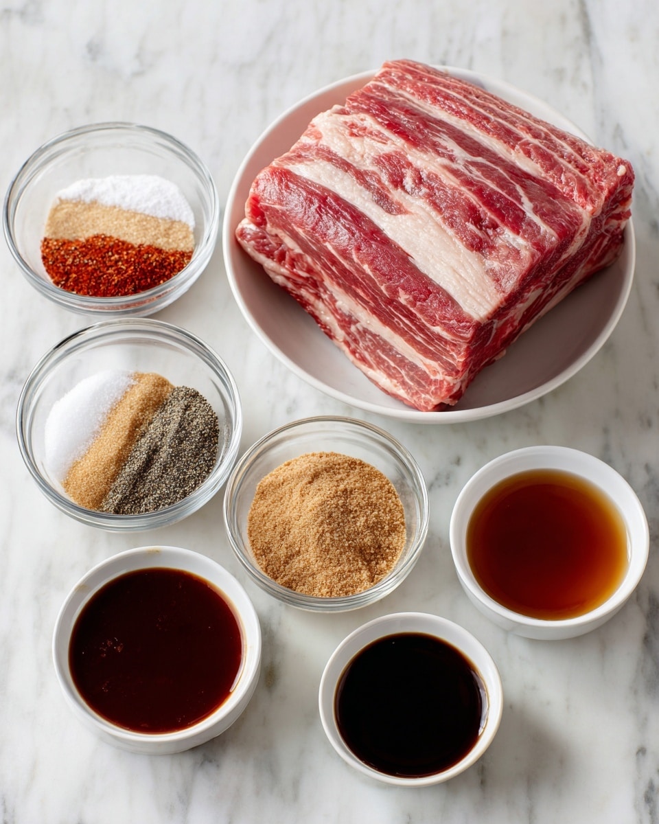 A large raw brisket with a marbled pink and light cream fat texture sits in a white bowl at the top center. Below it, six small white bowls and glass containers are arranged on a white marbled surface. From left to right, there is a glass bowl with layered red, beige, and black dry seasonings; a white bowl filled with light brown soft brown sugar; a white bowl of thick dark reddish-brown BBQ sauce; a glass bowl with dark brown Worcestershire sauce; a white bowl with medium brown beef broth; and a small white bowl with dark soy sauce. Photo taken with an iphone --ar 4:5 --v 7