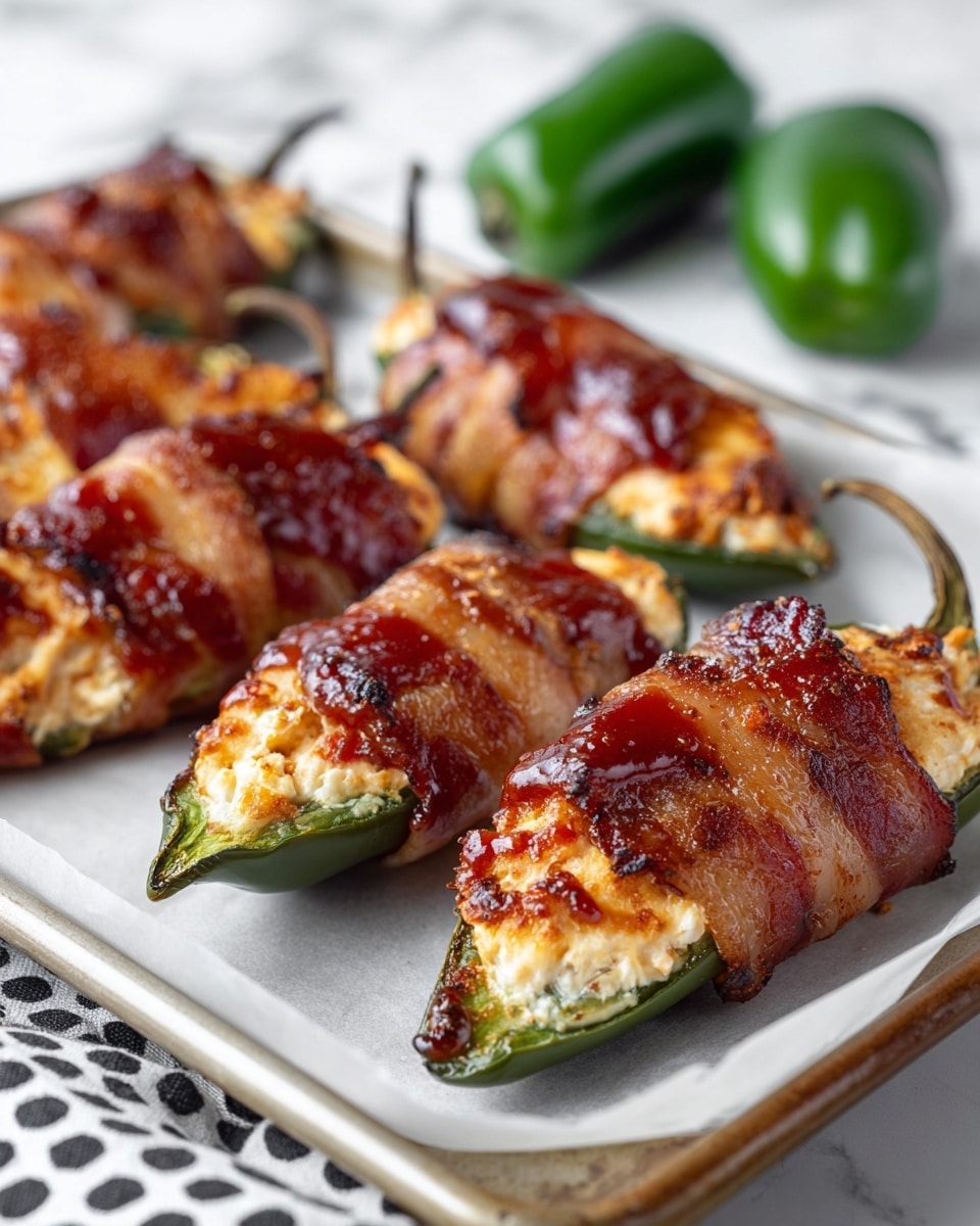 The image shows several stuffed jalapeños on a baking sheet lined with white parchment paper. Each jalapeño has three layers: the bottom is the dark green jalapeño pepper, filled inside with a creamy, light beige cheese mixture, and wrapped in bacon that is glazed with a shiny, deep red barbecue sauce. The bacon appears cooked with some darker, caramelized spots. The baking sheet is on a white marbled surface with a black and white polka dot cloth nearby and two whole green jalapeños in the corner. Photo taken with an iphone --ar 4:5 --v 7