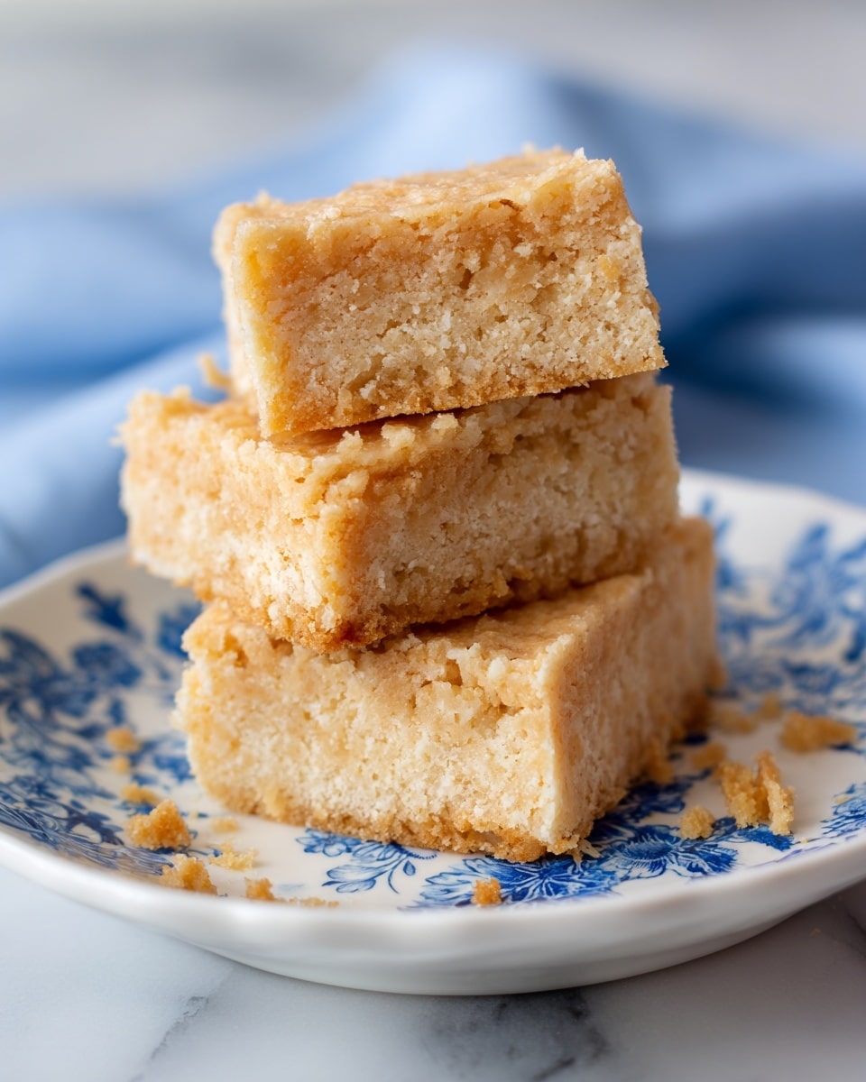 The image shows three thick rectangular bars stacked on a white plate with blue floral patterns. The bars have a soft, crumbly texture and are pale beige in color, with the top bar resting slightly tilted on the one below, revealing the inner grainy texture. Small crumbs are scattered around the bars on the plate, which sits on a white marbled surface with a soft blue cloth nearby. Photo taken with an iphone --ar 4:5 --v 7