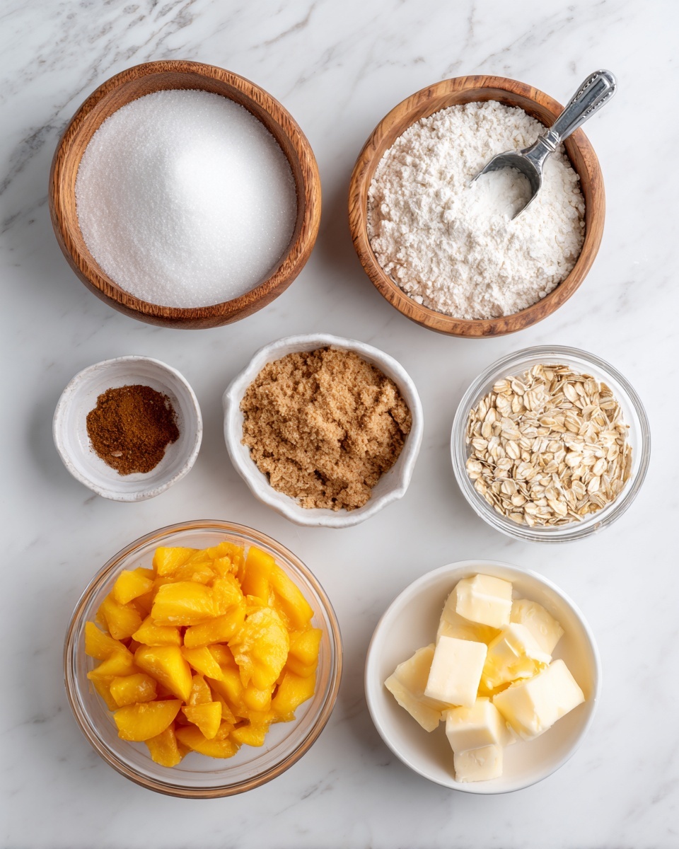 The image shows seven containers with different baking ingredients arranged neatly on a white marbled surface. At the top left is a wooden bowl filled with white granulated sugar, and to its right is another wooden bowl containing white all-purpose flour with a metal scoop inside. Below the flour, there is a small white bowl filled with dark brown sugar. In the center left is a small clear glass bowl holding a small pile of ground cinnamon, while to its right is a small clear glass bowl full of rolled oats. At the bottom left is a large clear glass measuring cup filled with bright orange frozen peach slices. Finally, at the bottom right is a small white bowl packed with small cubes of salted sweet cream butter. Photo taken with an iphone --ar 4:5 --v 7