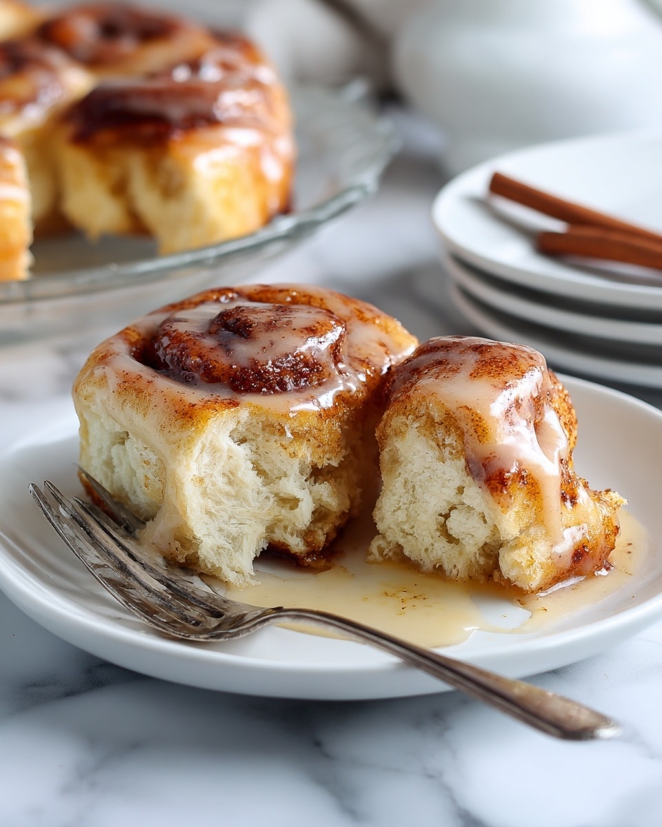 The image shows a close-up of a cinnamon roll torn into several pieces on a white plate. The torn pieces reveal a soft, fluffy inside with a slightly toasted outer layer covered in a thick, sticky cinnamon glaze with visible cinnamon specks. The glaze pools slightly on the plate, creating a shiny texture. A silver fork is placed on the left side of the plate, resting on the white marbled surface. In the far background, there is a blurred hint of another cinnamon roll on a clear glass plate and some stacked white plates. A cinnamon stick lies next to the plate on the white marbled surface. photo taken with an iphone --ar 4:5 --v 7