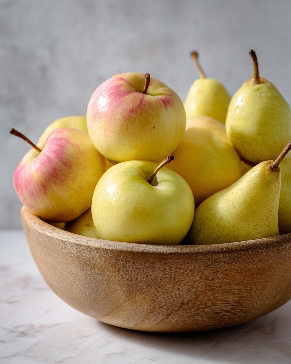 A round wooden bowl filled with several fruits sits on a white marbled surface. The bowl holds mainly pale yellow apples with some pinkish-red blushes, positioned all around and in the front. Behind and slightly to the right, there are a few light yellow pears with brown stems. The fruits show natural texture and soft light falls on them from the side, creating gentle shadows. The image has a cozy and fresh feel. photo taken with an iphone --ar 4:5 --v 7