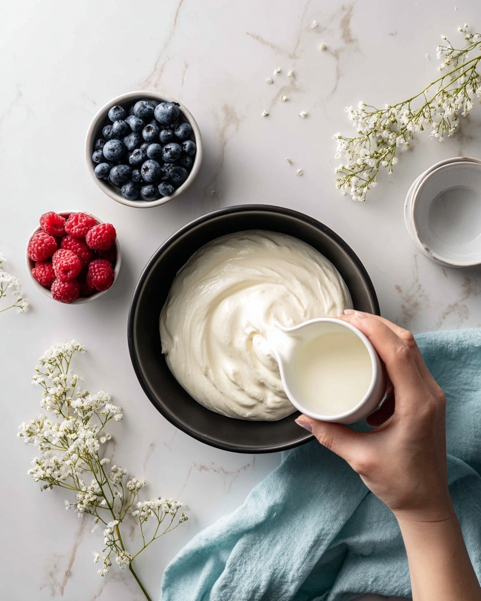 A black bowl on a white marbled surface holds one large, fluffy white cream layer. A woman's hand pours a white liquid from a small white cup onto the cream. To the left, there are two small white bowls placed on a light blue cloth: one filled with dark blue blueberries and the other with red raspberries. A small branch with tiny white flowers lies near the black bowl, and a small white plate sits empty to the right. Photo taken with an iphone --ar 4:5 --v 7