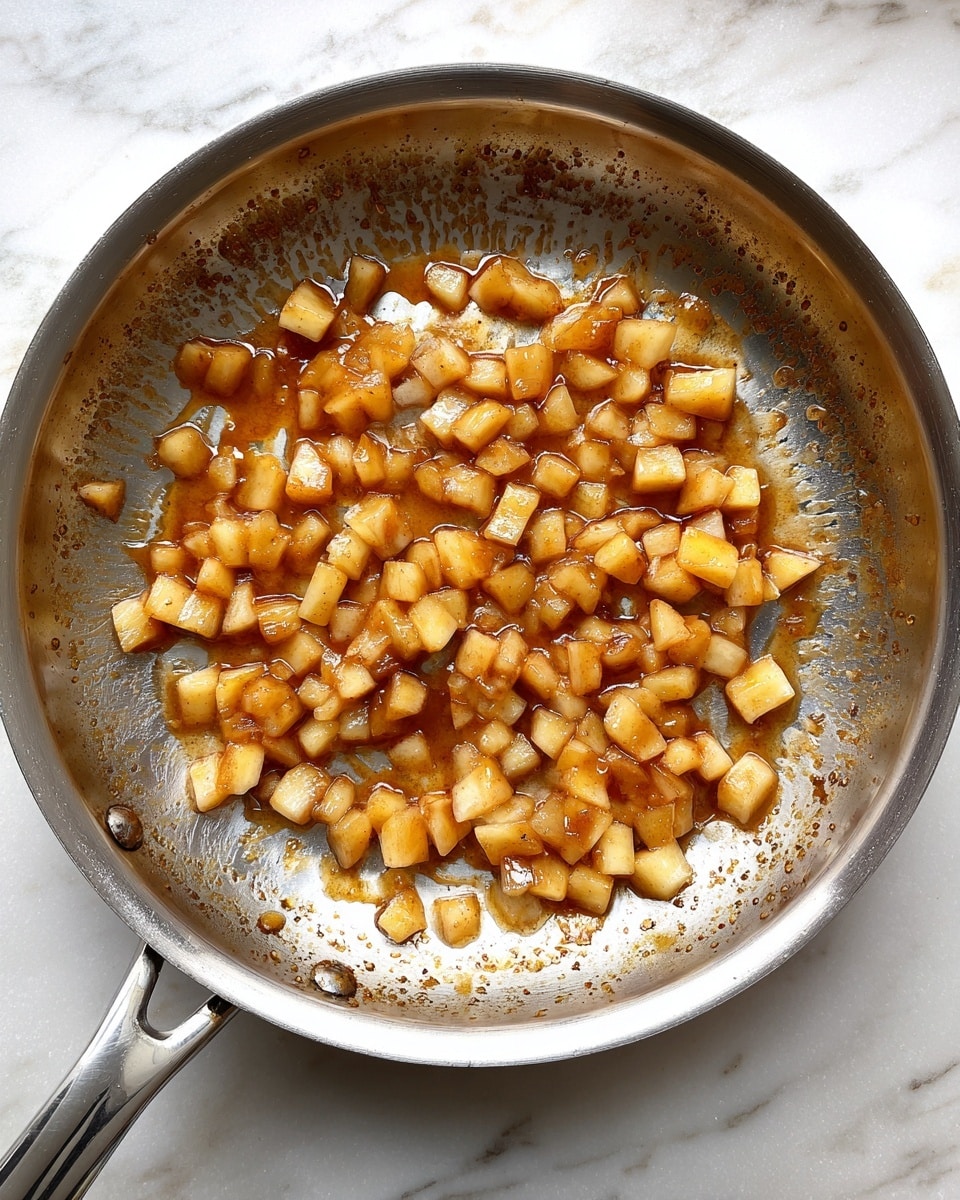 A silver metal frying pan filled with small, diced pieces of cooked apple in a light brown sauce. The apples have a soft, slightly shiny texture and are spread across the pan's base. The pan's surface shows some brown caramelized spots, and the background is a white marbled texture. Photo taken with an iphone --ar 4:5 --v 7