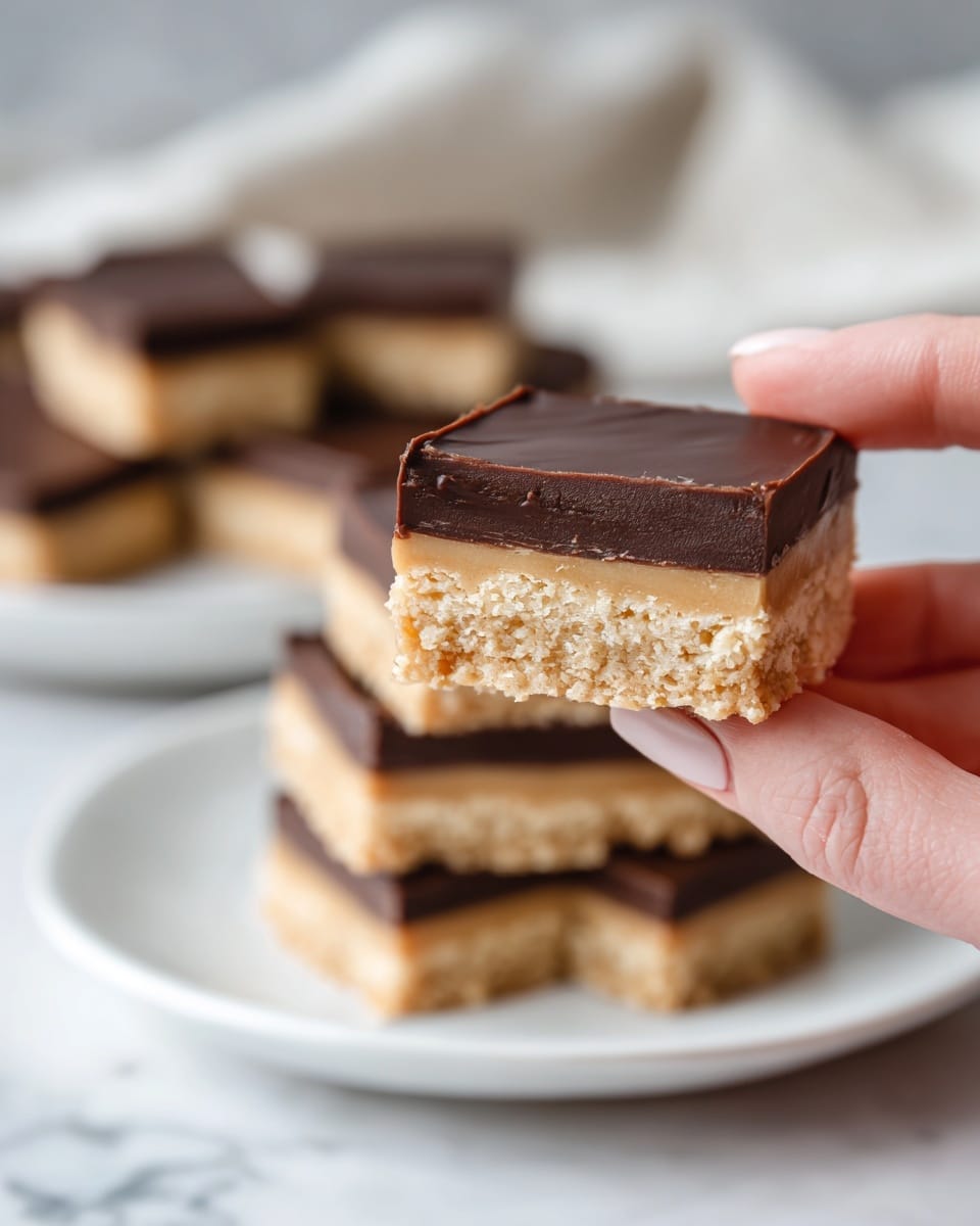 A close-up view of a square treat held by a woman's hand, showing two distinct layers: the bottom layer is thick, soft, and light brown with a creamy, slightly crumbly texture, while the top layer is a smooth, dark chocolate coating with a glossy finish and clean edge. In the background, blurred, there is a stack of the same treats on a white plate on a white marbled surface. The setting has soft natural light, highlighting the textures and the contrast between the layers. Photo taken with an iphone --ar 4:5 --v 7