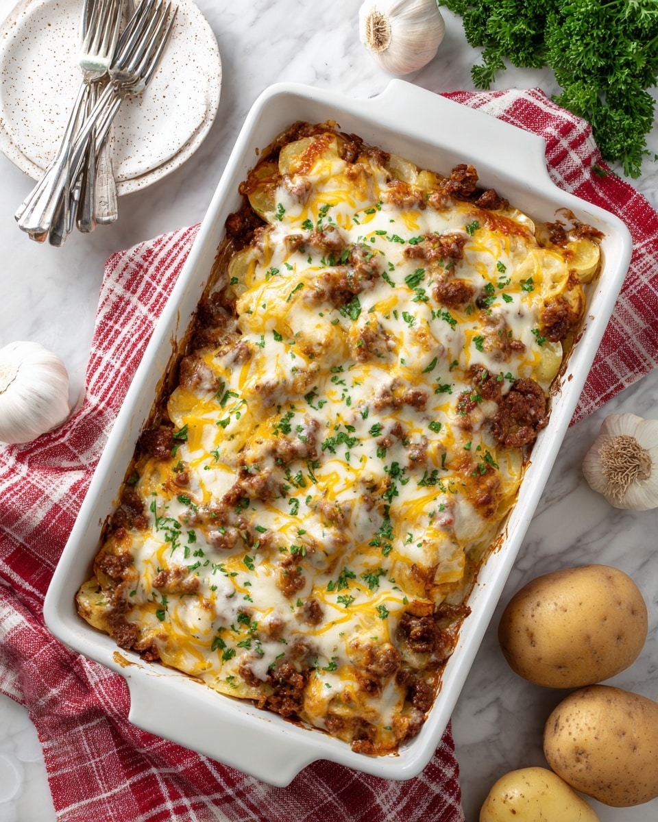 A white rectangular baking dish filled with a layered casserole; the top layer is melted cheese in yellow and white swirls, sprinkled lightly with small green herbs, beneath the cheese are brown browned meat pieces mixed into the cheesy layer, the edges show a slightly crispy browned crust. The dish is placed on a white marbled surface with a red and white checkered cloth nearby, along with some garlic, parsley leaves, and two whole potatoes, plus a white speckled plate and three forks in the top left corner. photo taken with an iphone --ar 4:5 --v 7