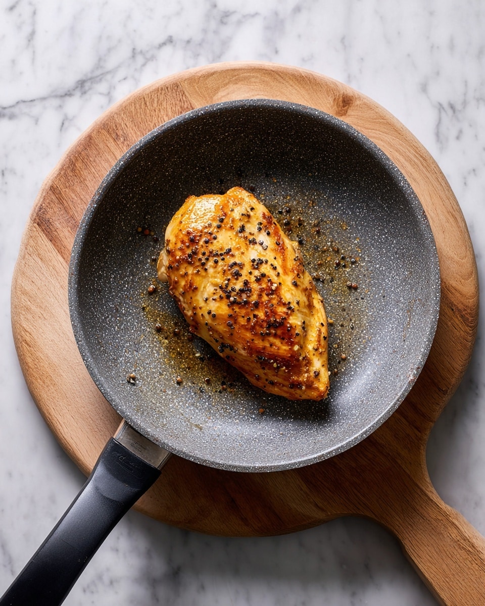 A single cooked chicken piece sits in the middle of a gray speckled frying pan with a black handle. The chicken is golden brown with small black pepper flakes sprinkled all over its surface. The pan rests on a round wooden board, all placed on a white marbled texture. The lighting highlights the slight juices and texture of the cooked chicken skin photo taken with an iphone --ar 4:5 --v 7