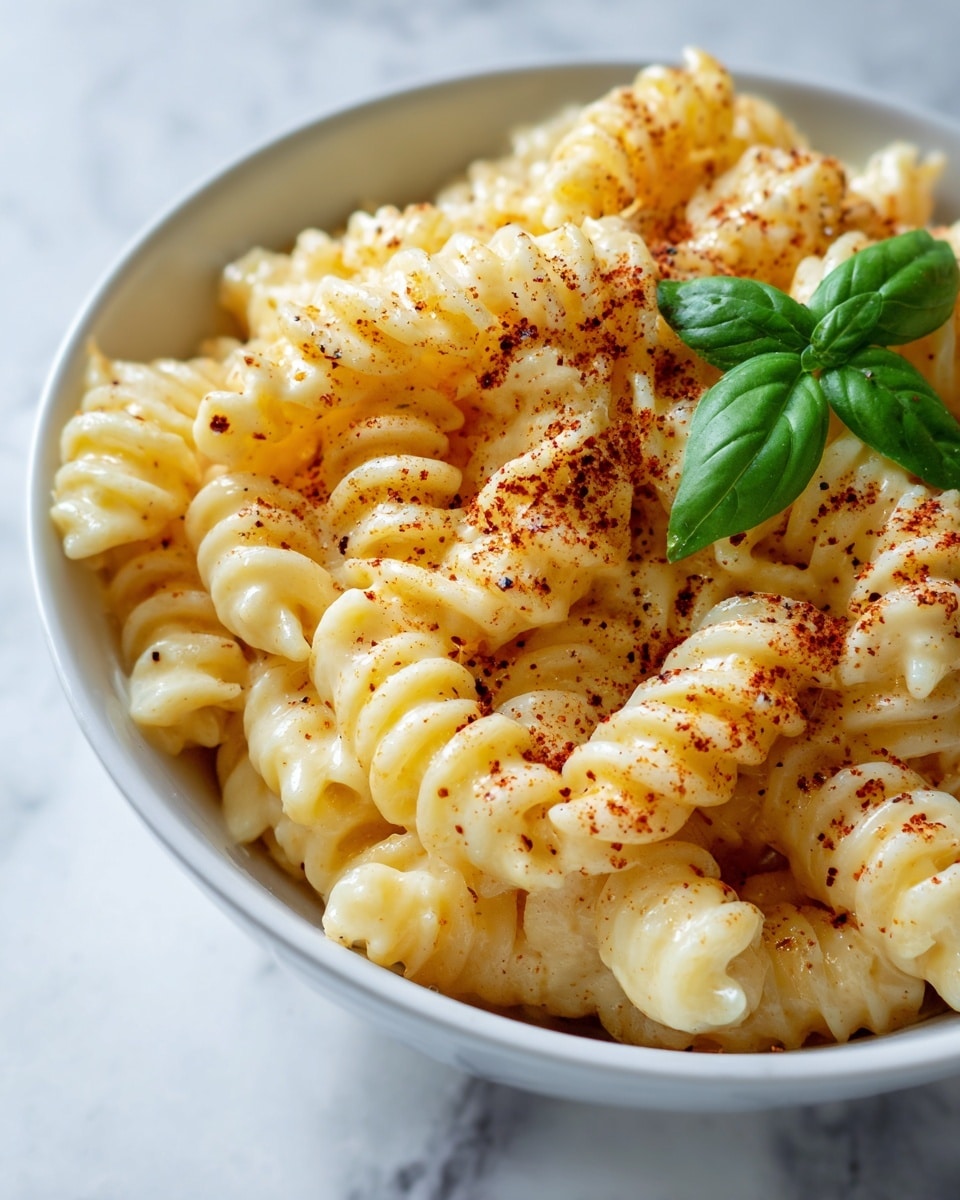 A close-up shot of a white bowl filled with creamy pale yellow cheese pasta with spiraled shapes. The pasta is sprinkled with a light dusting of reddish brown seasoning spread unevenly on top. A single green basil leaf rests on the pasta, adding a fresh contrast. The bowl sits on a white marbled surface. Photo taken with an iphone --ar 4:5 --v 7
