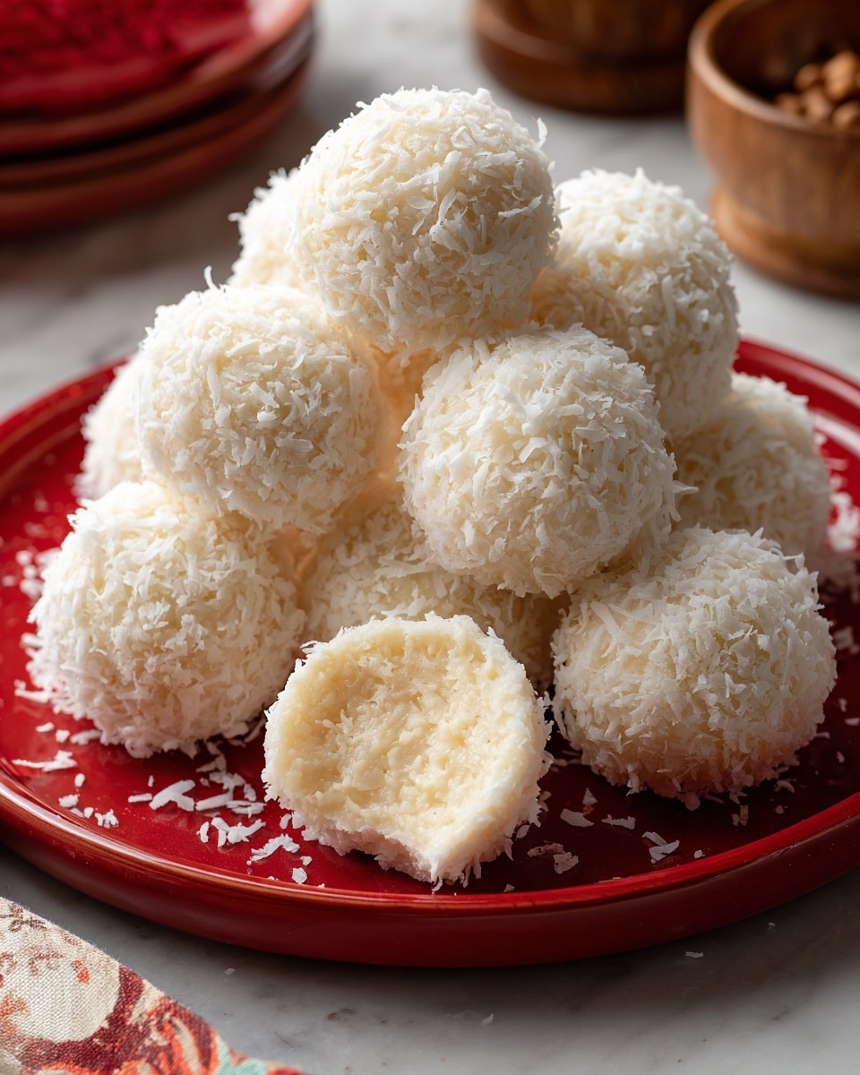 The image shows white coconut snowballs piled on a red plate sitting on a white marbled surface. Each snowball is round and covered fully with shredded coconut strands that give a fluffy, textured look. One snowball is cut in half and placed in the front, showing a pale yellow, soft, creamy inside with bits of coconut mixed throughout. The background is softly blurred but includes some brown and white objects. The overall scene has a bright and cozy feel. Photo taken with an iphone --ar 4:5 --v 7