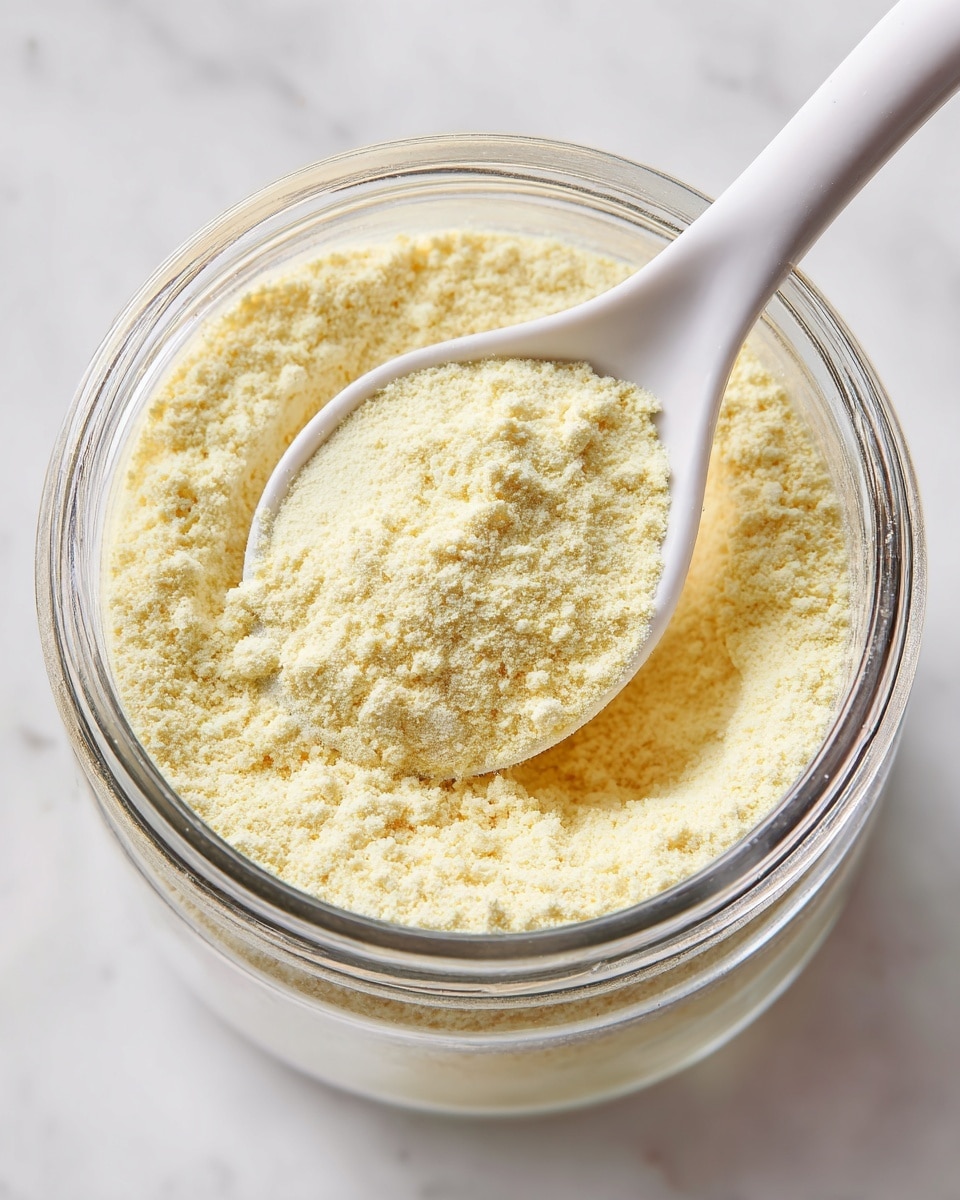 The image shows a clear container filled with finely ground light yellow powder. Inside the container, a white plastic spoon is scooping up some of the powder, with the spoon positioned slightly angled across the top right side. The texture of the powder looks soft and fluffy, filling the container nearly to the brim. The container sits on a white marbled surface with soft lighting highlighting the pale color and crumbly texture of the powder photo taken with an iphone --ar 4:5 --v 7