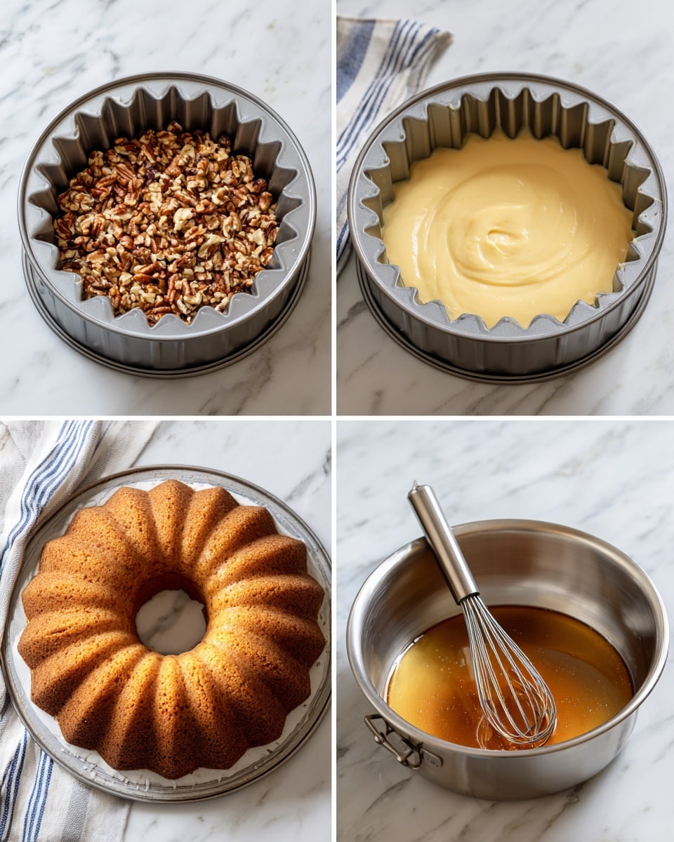 A silver Bundt cake pan sits on a white marbled surface, showing four stages of baking in separate numbered images. The first image has a layer of chopped brown nuts spread evenly inside the pan's fluted edges. The second image shows a smooth, thick, pale yellow cake batter poured over the nuts, filling the pan evenly. The third image reveals a fully baked golden brown Bundt cake with a slightly glossy texture sitting in the pan. The fourth image has a silver saucepan on the white marbled surface filled halfway with a shiny amber syrup with a metal whisk resting beside it. A white towel with blue stripes is partially visible near the bottom left corner in all images. Photo taken with an iphone --ar 4:5 --v 7