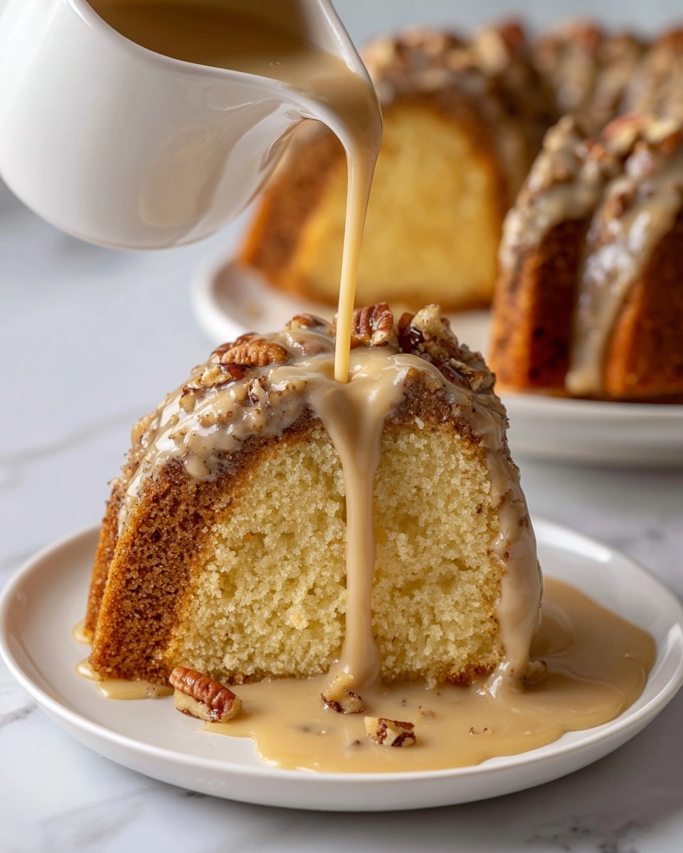A thick light tan syrup is pouring from a white ceramic pitcher onto the top and front of a slice of yellow bundt cake with a crumbly darker brown top layer that has visible pieces of pecans. The syrup drips down the front center of the cake slice and pools on the edge of the white plate it sits on. The inside of the cake is soft and moist with a fine crumb texture. In the blurred background, there is another thick slice of the same cake on a white plate, all resting on a white marbled surface. Photo taken with an iphone --ar 4:5 --v 7