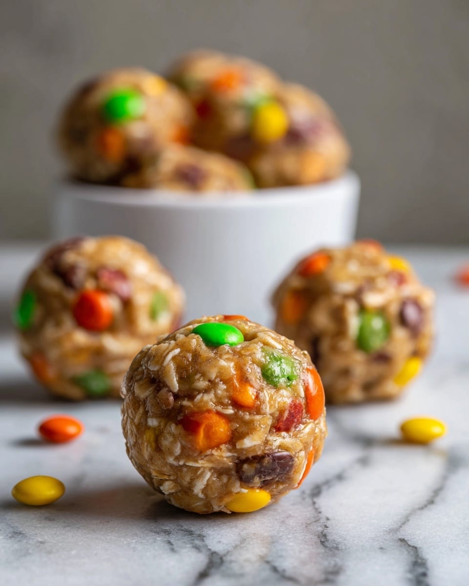The image shows three round no-bake energy bites made mainly of oats and peanut butter, with colorful candy pieces mixed in. The front energy bite is closer to the camera and has a smooth, slightly rough texture with visible bits of orange, yellow, green, and brown candies. Behind it, two more similar energy bites are placed on a white marbled surface, with a white bowl filled with more energy bites blurred in the background. A yellow candy piece is also lying on the marbled surface near the front energy bite. The colors are mostly light brown with vibrant candy dots adding bright spots. photo taken with an iphone --ar 4:5 --v 7