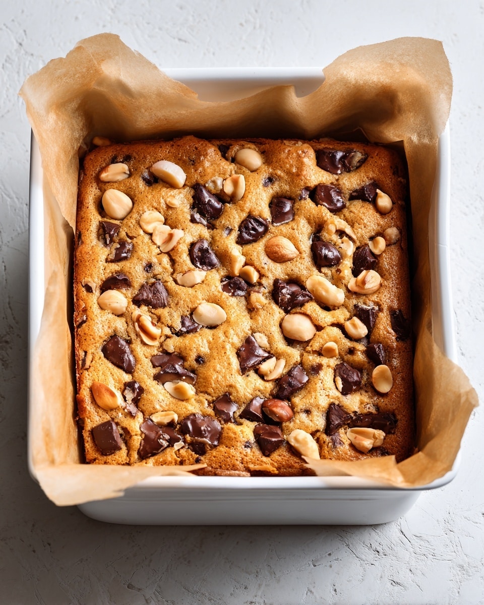 A close-up view of a baked square dessert with a rich golden-brown top layer, filled with scattered uneven chunks of dark chocolate and light brown halved nuts spread over the surface. The dessert sits in a white baking pan lined with light brown parchment paper, placed on a white marbled textured surface. The texture of the top layer looks soft with slight cracks and a warm, inviting appearance. photo taken with an iphone --ar 4:5 --v 7