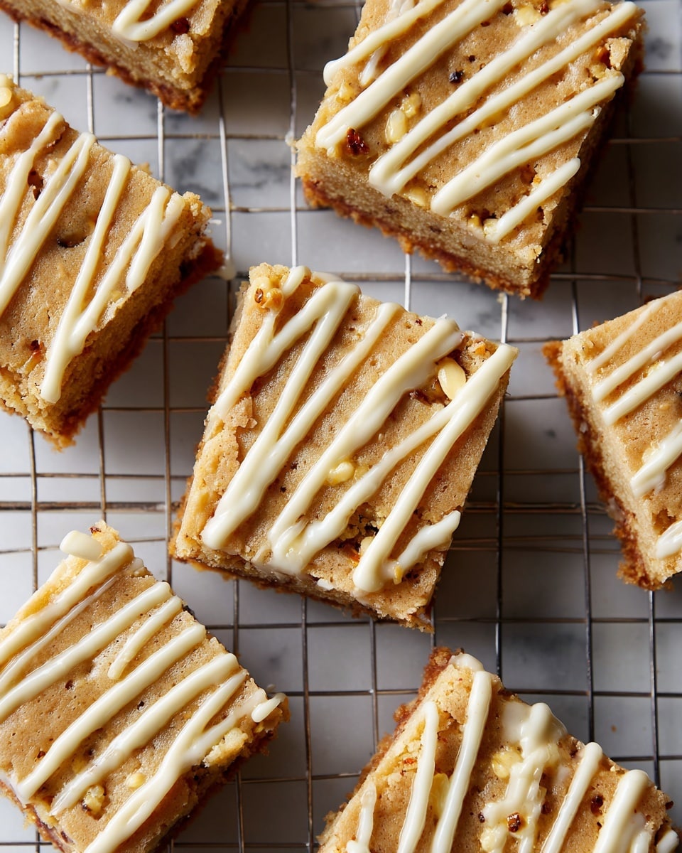 The image shows several square blondie bars arranged on a metal cooling rack, placed on a white marbled surface. Each blondie has a light golden-brown color with a slightly crumbly texture and is decorated with thin, creamy white diagonal drizzle lines evenly spread on top. The bars have clean, sharp edges, and the cooling rack's metal grid pattern is clearly visible beneath them. One blondie in the center stands out with a more focused view, showcasing small specks of darker ingredients within the bar. Photo taken with an iphone --ar 4:5 --v 7