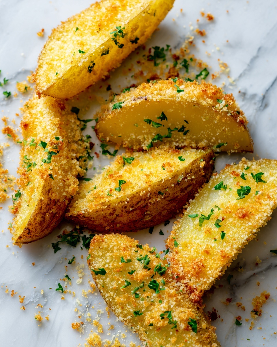 The image shows several potato wedges arranged on a sheet with a white marbled texture, topped with a golden-brown crumb layer that looks crispy and slightly rough, sprinkled with small green parsley leaves. Each potato wedge is a yellowish color with visible moisture and soft texture beneath the crumb layer. The crumb layer covers the whole top surface of each wedge unevenly, with some crumbs scattered around the wedges on the white marbled surface. photo taken with an iphone --ar 4:5 --v 7