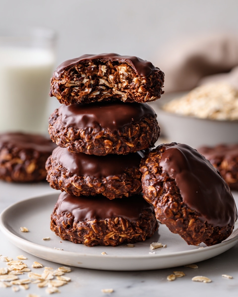 A stack of round chocolate oatmeal cookies is arranged on a white plate with a white marbled surface in the background. The cookies have a rough texture with visible oats and a shiny chocolate coating. The top cookie is broken in half, showing a dense, chewy interior filled with oats and chocolate. The stack looks thick and slightly irregular in shape, with more cookies scattered around the base. In the background, a blurred glass of milk and a bowl of oats add context. photo taken with an iphone --ar 4:5 --v 7