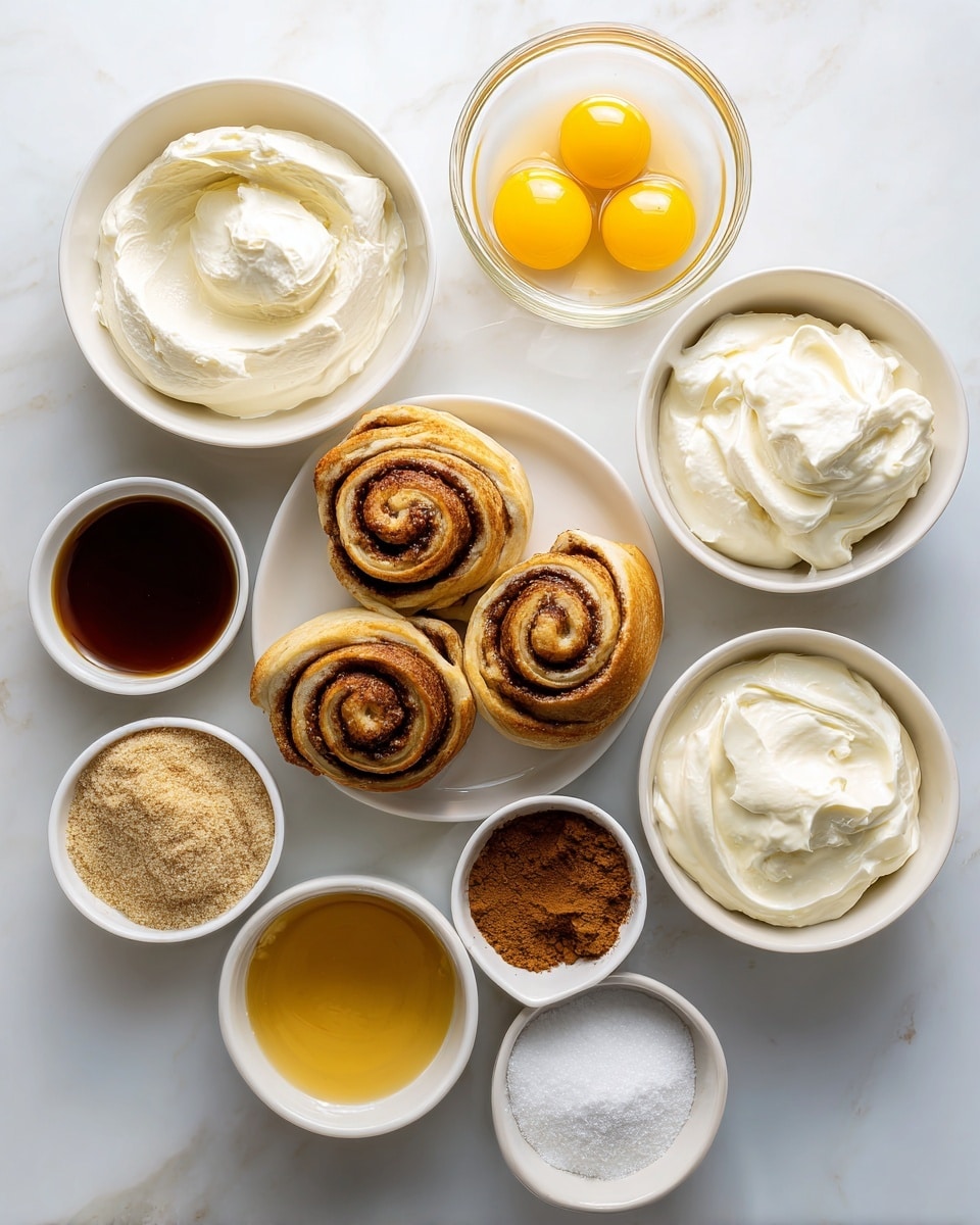 The image shows nine small white bowls and a group of three cinnamon rolls arranged on a white marbled surface. At the top left, a bowl is filled with smooth, creamy white cream cheese. Next to it, slightly to the right, is a clear glass bowl with two raw yellow egg yolks and clear egg whites. To the right, another white bowl holds thick, soft white sour cream. Below the cream cheese bowl is a white bowl filled with packed light brown sugar, with a coarse texture. Three cinnamon rolls with visible cinnamon swirls sit in the center. Below the rolls to the left, a small white bowl has dark brown liquid vanilla extract. Next to it on the right is a white bowl with fine, deep brown cinnamon powder. To the right of the cinnamon is a small white cup filled with melted golden butter, with a slight shine on the surface. Lastly, at the bottom right, a white bowl contains fine white granulated sugar. All items are organized neatly with bright, natural lighting. Photo taken with an iphone --ar 4:5 --v 7