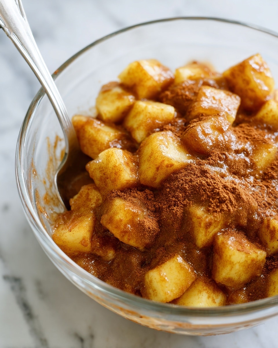 The image shows a close-up view of a bowl filled with small, uneven cubes of fruit coated in a thick, glossy brown sauce, which appears to be cinnamon or spice mix. The cubes are light yellow with a soft texture, while the sauce covering them is rich brown with a powdery look, clinging to each fruit piece and spreading up the sides of the bowl with swirled patterns. The bowl is clear glass, and a silver spoon with a long handle is partially visible on the left side, touching the coated fruit. The background is a white marbled texture. photo taken with an iphone --ar 4:5 --v 7