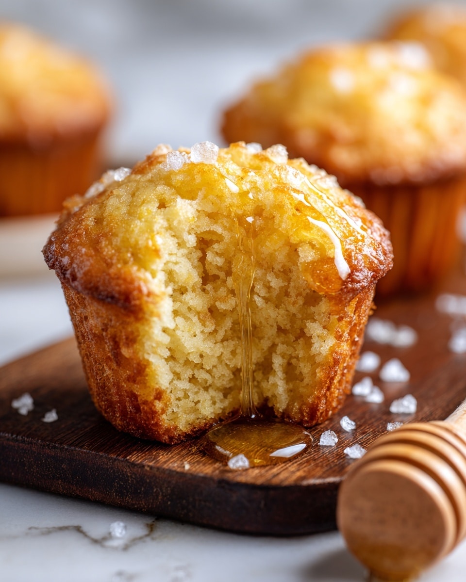 A close-up of a single golden muffin with one side torn open to reveal its soft, fluffy inside. The muffin has a shiny drizzle of honey sliding down its crumbly surface, sitting on a dark wooden board. Small white sugar crystals are scattered around the muffin. In the blurry background, there are two whole muffins with a smooth golden top. A wooden honey dipper is partly visible in the foreground on a white marbled surface. Photo taken with an iphone --ar 4:5 --v 7