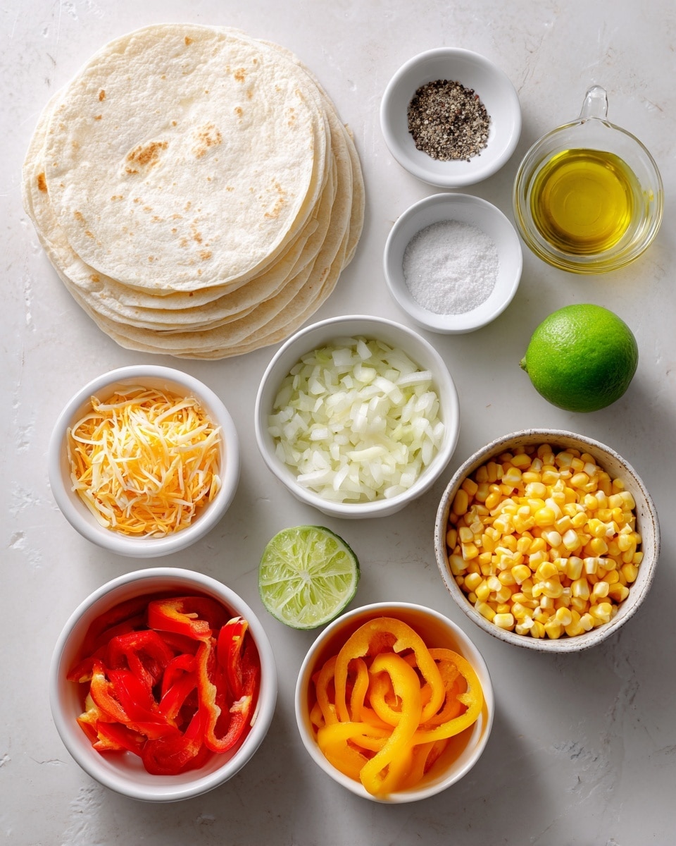 The image shows a top view of several small white bowls and a white divided dish arranged on a white marbled surface. There are six tortillas stacked in a neat pile on the left side. Above them, a small white divided dish holds salt and pepper, with the pepper black and coarse, and the salt white and fine. Next to it, a shiny metal bowl contains golden oil. A small white bowl filled with chopped white onion sits below the oil. To the right of the onion, a white bowl has a mix of shredded orange and white cheddar jack cheese. Above this bowl, small white bowls hold finely minced garlic and colorful sliced mini sweet bell peppers in red, orange, and yellow. To the far right, a larger white bowl is filled with bright yellow sweet corn. A half lime with a green rind and pale green inside is positioned near the top right. The overall setup is clean and colorful, with each ingredient neatly separated, on a white marbled background. Photo taken with an iphone --ar 4:5 --v 7