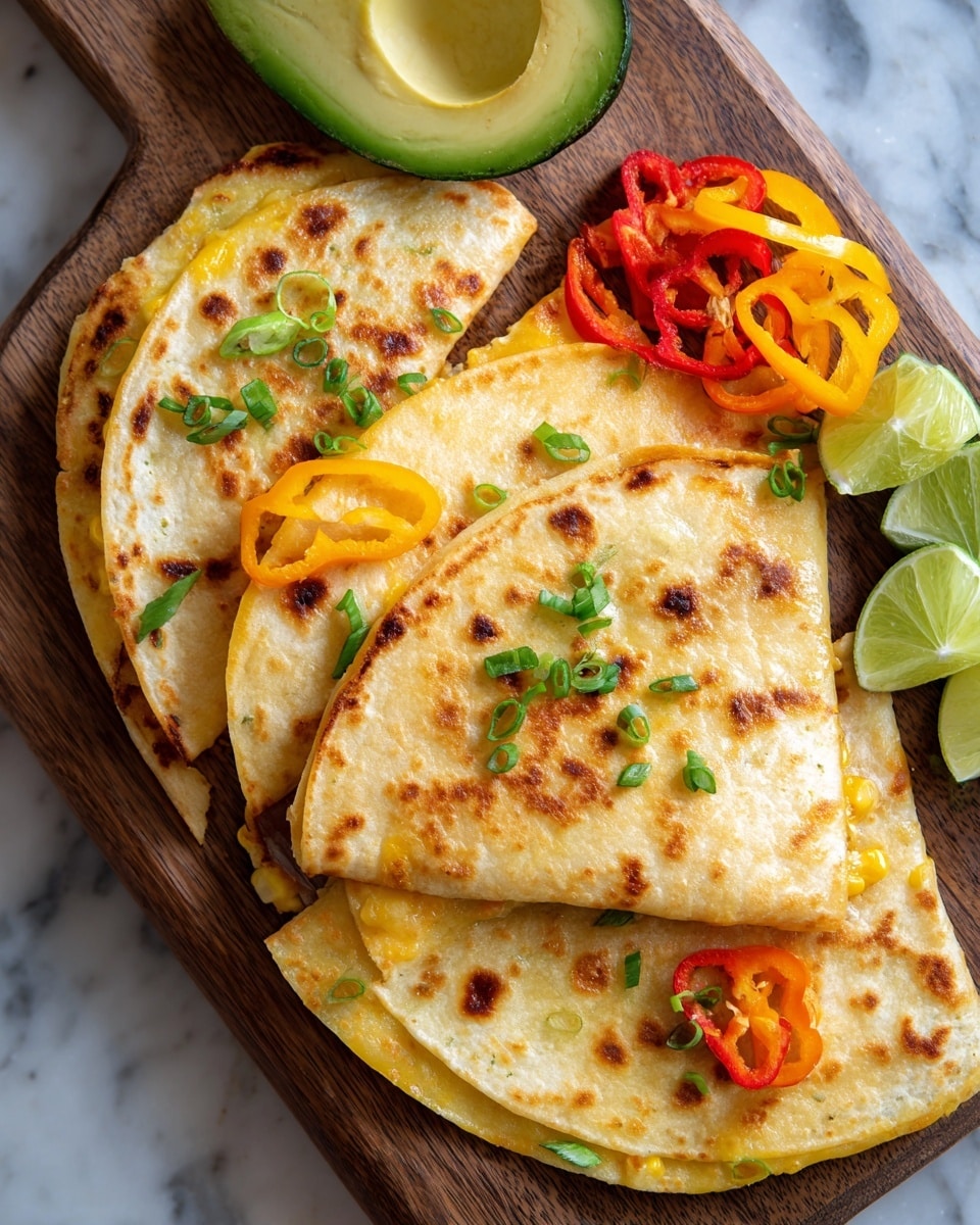 A wooden board holds three round golden-yellow quesadillas, each cut into quarters and stacked slightly overlapping. The quesadillas have a slightly crispy texture with small browned spots on the surface. On top and around the quesadillas, there are thinly sliced red, yellow, and orange bell pepper rings, and pieces of green onion add a fresh contrast. Scattered roasted corn kernels add a touch of brown and yellow near the edges. To the side, a halved avocado with a smooth green interior and dark green skin rests on a white marbled surface, along with a lime wedge and more slices of bell pepper and green onion. Photo taken with an iphone --ar 4:5 --v 7