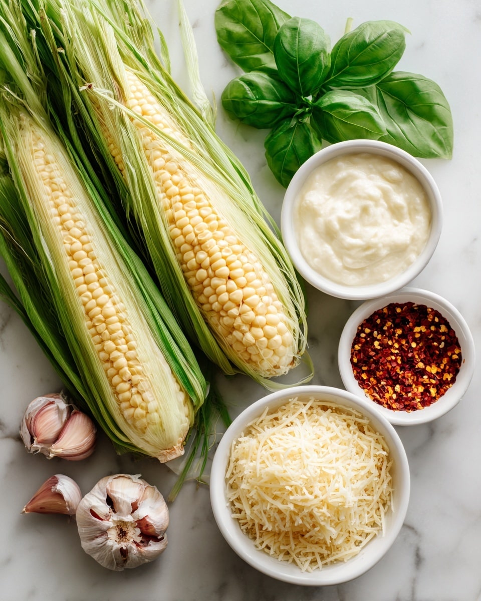 Two ears of corn with green husks lie on a white marbled surface, positioned diagonally. Above them, a white bowl filled with smooth cream is placed. To the right of the cream, another white bowl holds red pepper flakes, showing a mix of red and yellow colors. Below the corn, a white bowl is filled with finely grated Parmesan cheese, pale yellow in color. Next to the Parmesan, several bright green basil leaves are arranged in a small bunch. Two garlic cloves with pale pink skin rest near the basil. The overall layout is neat and clear with natural lighting. photo taken with an iphone --ar 4:5 --v 7