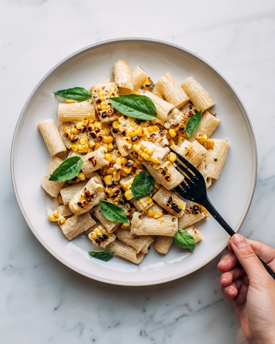 A white plate on a white marbled surface holds a dish of rigatoni pasta mixed with small, grilled corn pieces showing char marks. The pasta is creamy in color and is scattered evenly across the plate. Bright green basil leaves are placed on top, adding a fresh contrast to the light pasta and yellow corn. A black fork is positioned on the right side of the plate with pasta and corn on its prongs, held by a woman's hand. photo taken with an iphone --ar 4:5 --v 7