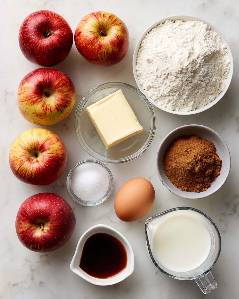 The image shows several ingredients arranged on a white marbled surface. Starting from the top left, there are three red and yellow apples with shiny skins. To the right is a white bowl filled with white all-purpose flour. Below the apples is a small white bowl with a light yellow stick of butter. In the middle, there is a clear glass bowl with white baking powder. To the right side of that is a small gray bowl with brown cinnamon powder. Below is a white square dish holding light brown brown sugar with a slightly crumbly texture. A whole egg with a smooth brown shell is near the center. Below the egg, there is a small white spoon with white baking soda. To its left is a small white bowl filled with dark vanilla extract. On the right of the egg is a clear measuring cup filled with white milk. The ingredients are all neatly spaced and clearly visible, all set on the white marbled surface photo taken with an iphone --ar 4:5 --v 7