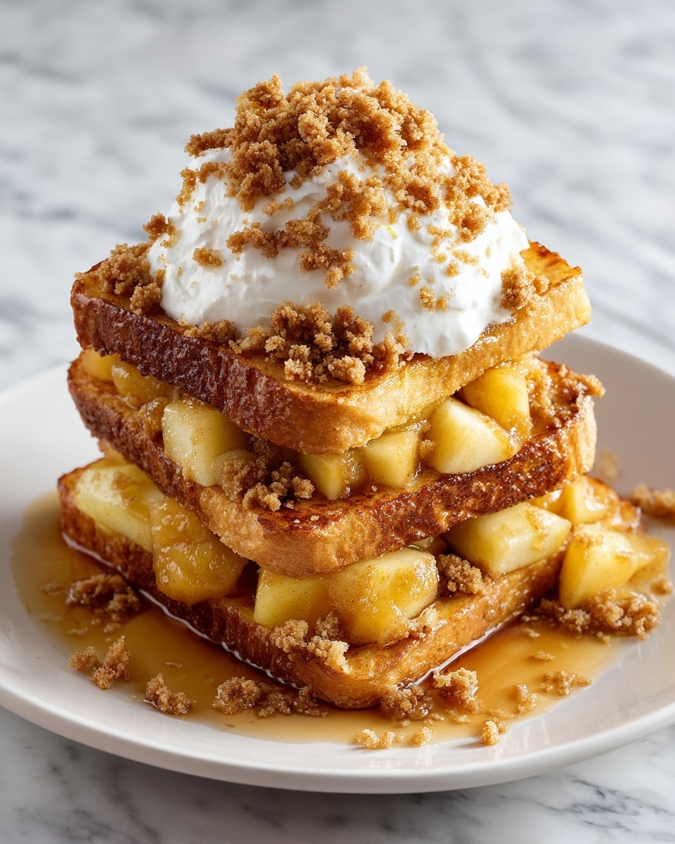 A white square plate holds several layers of golden brown French toast slices, arranged in a small stack in the center. On top of the toast is a spoonful of creamy white whipped topping, covered partially by crumbly, brown apple crumble pieces scattered over and around it. There are visible chunks of soft, light yellow cooked apples spread across the toast, soaked in a light brown sauce that pools slightly at the bottom of the plate. The plate sits on a white marbled surface. photo taken with an iphone --ar 4:5 --v 7