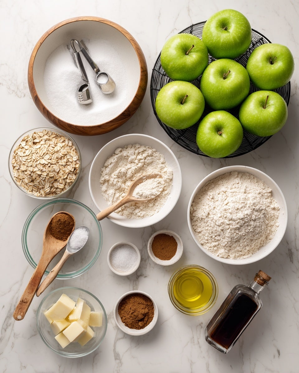 A bright top view of cooking ingredients arranged neatly on a white marbled surface, showing ten green apples in a black wire basket at the top right. To the left, a white bowl with a wooden outer rim holds white sugar with a metal scoop inside. Below the apples, a small glass bowl is filled with light brown sugar and a wooden scoop. Further down, there is a white bowl with a wooden outer rim containing white flour with a large metal scoop resting in it. Small clear bowls with brown nutmeg and cinnamon powder sit close by. A tiny dish with white salt and a small spoon is placed near the center. At the bottom left, a clear glass bowl filled with oats has a metal scoop inside. Next to it, a small set of metal measuring spoons lies on the surface alongside a dark vanilla extract bottle and a clear bowl of yellow melted butter. All items are clean and crisp with clear labels in black and white script across the image. Photo taken with an iphone --ar 4:5 --v 7