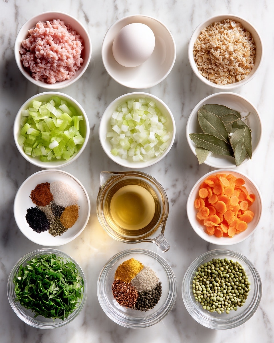 The image shows a grid of nine sections with different food ingredients in white bowls or clear measuring cups, all on a white marbled surface. The top row, from left to right, has a white bowl with raw pink ground meat and a whole white egg, a white bowl filled with light brown breadcrumbs, and a white bowl holding five different spices separated into small piles by color: dark green, light brown, pink, black, and golden. The middle row includes a clear glass cup with golden broth, a white bowl with fresh chopped vegetables in layers of light green celery, white onion, orange carrot slices, minced garlic, and two dark bay leaves, and a clear glass cup with water at the measurement mark. The bottom row shows a white bowl with a mixed pile of dried spices in light brown, pink, dark green, black, and another light brown spice, a white bowl filled with pale green split peas, and a white bowl with roughly chopped green leafy vegetables. Photo taken with an iphone --ar 4:5 --v 7