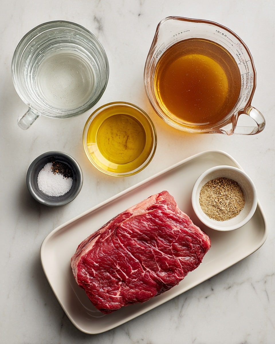 The image shows a white marbled surface with several cooking ingredients arranged neatly. In the center, there is a single thick piece of raw beef chuck roast with deep red color and white marbling, placed on a white tray. Above it, there is a clear glass measuring cup filled with clear water, and next to it on the right, another clear glass measuring cup contains brown beef broth. To the left of the beef, there is a small glass bowl with golden olive oil, and below it, a white container of kosher salt and a black container of ground black pepper. At the bottom right, a small white bowl holds a dry onion soup mix with a grainy texture. The whole setup is clean and bright, with each item clearly labeled in simple text. Photo taken with an iphone --ar 4:5 --v 7