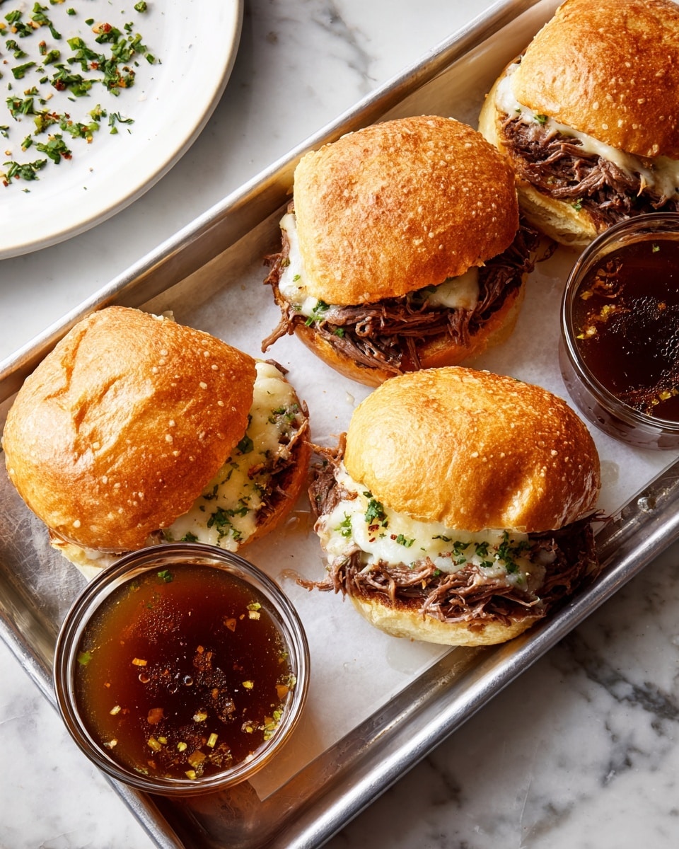 Four sandwiches are arranged on a metal tray lined with white paper, placed on a white marbled surface. Each sandwich has a top layer of a light golden brown toasted bun with a slightly rough texture, and inside, there is a layer of shredded dark brown beef and a layer of melted white cheese with some green herbs sprinkled on top. Next to the sandwiches on the tray are two small glass bowls filled with brown broth that has tiny bits of meat and visible bubbles. In the upper left corner, part of a white plate with scattered green herbs is visible. photo taken with an iphone --ar 4:5 --v 7