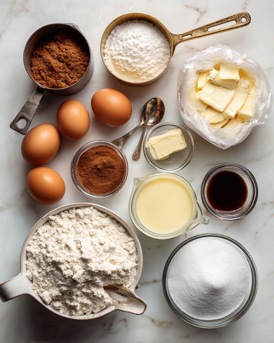 A white marbled surface holds various baking ingredients arranged loosely from top to bottom, starting with a brass metal measuring cup at the top left and a sealed clear plastic bag of white flour to its right. Below are a metal measuring cup filled with brown sugar on the left, three brown eggs grouped together below it, a small clear glass bowl with ground cinnamon to the right of the eggs, and another clear bowl containing dark liquid next to the cinnamon. Towards the bottom is a glass jug filled with a pale yellow liquid to the right, a small glass container with melted butter in the center, and a white ceramic pitcher with milk at the bottom left. A large vintage silver spoon filled with white powdered sugar is placed at the bottom right corner. The photo taken with an iphone --ar 4:5 --v 7
